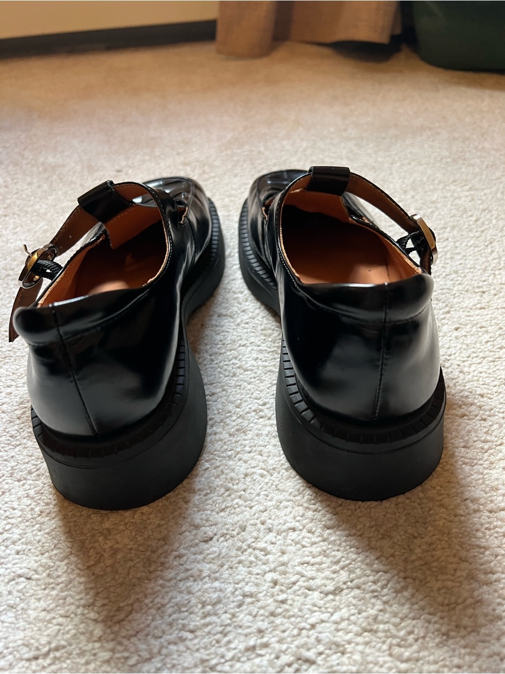 Women’s. Black T-Strap Woven Leather Chunky Shoes - Picture 9 of 15